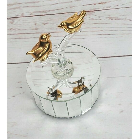 Gold-Tone Bird Figurines on Mirrored Rotating Base | Elegant Decorative Piece - Picture 10 of 12